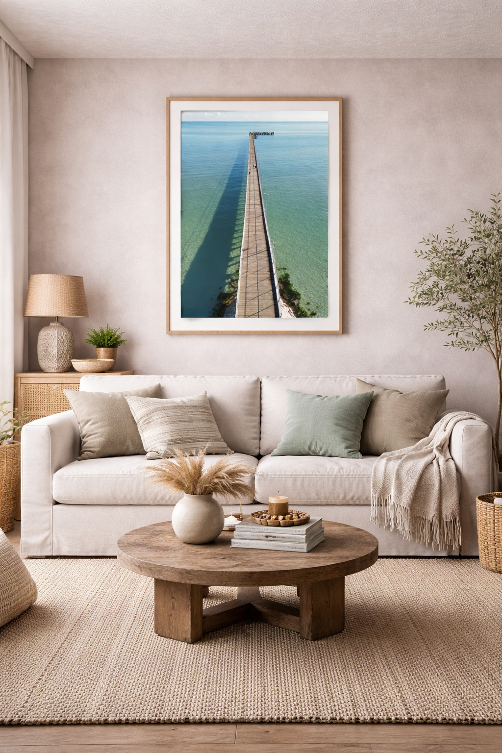 Living room with a white sofa, wooden coffee table, and framed picture of a the rye pier on the Mornington peninsula