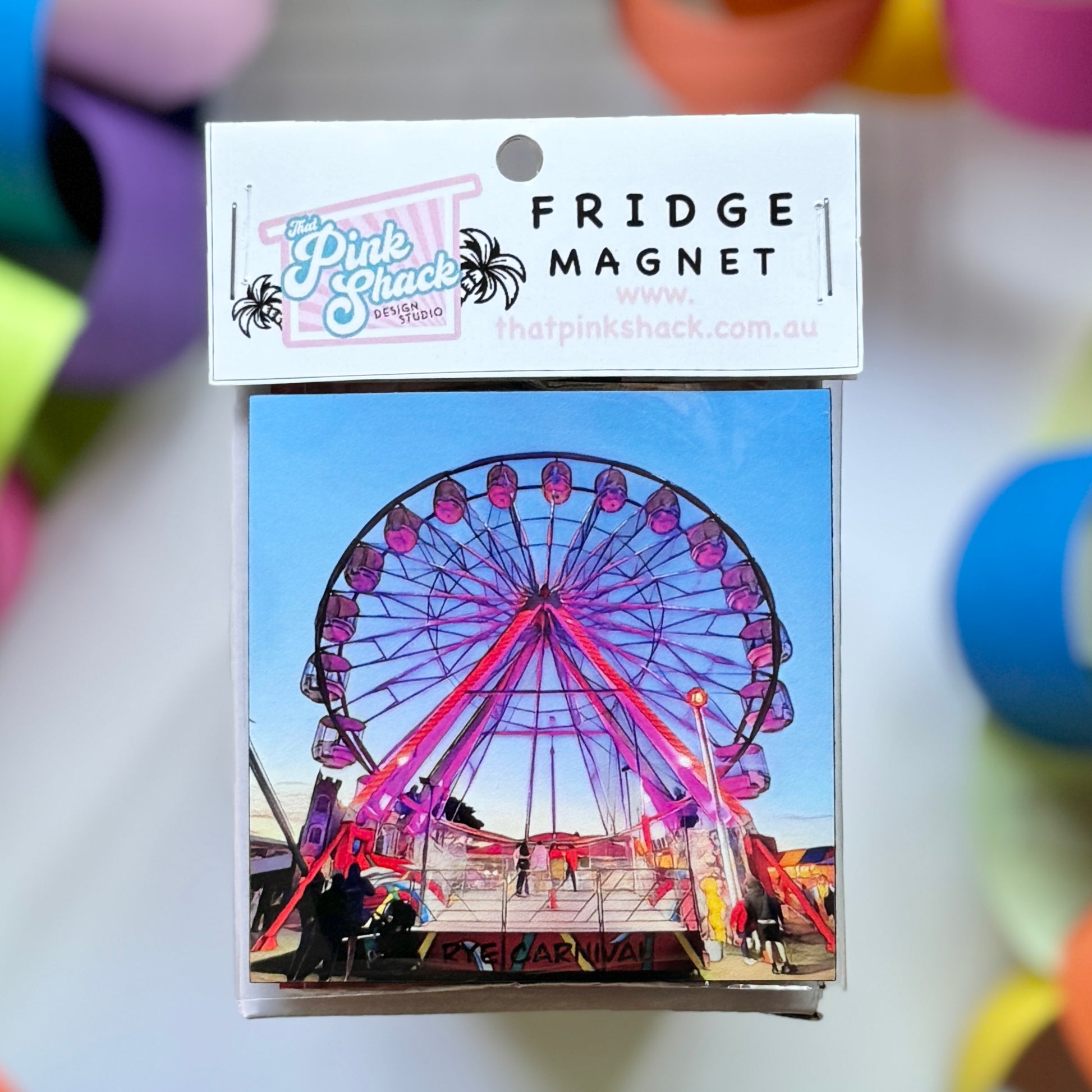 A fridge magnet of the Ferris wheel at rye carnival on the mornington peninsula in packaging