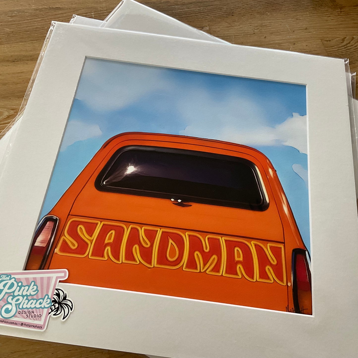 A classic orange 1970’s Holden Sandman Panelvan surf birthday matted print great for the man cave