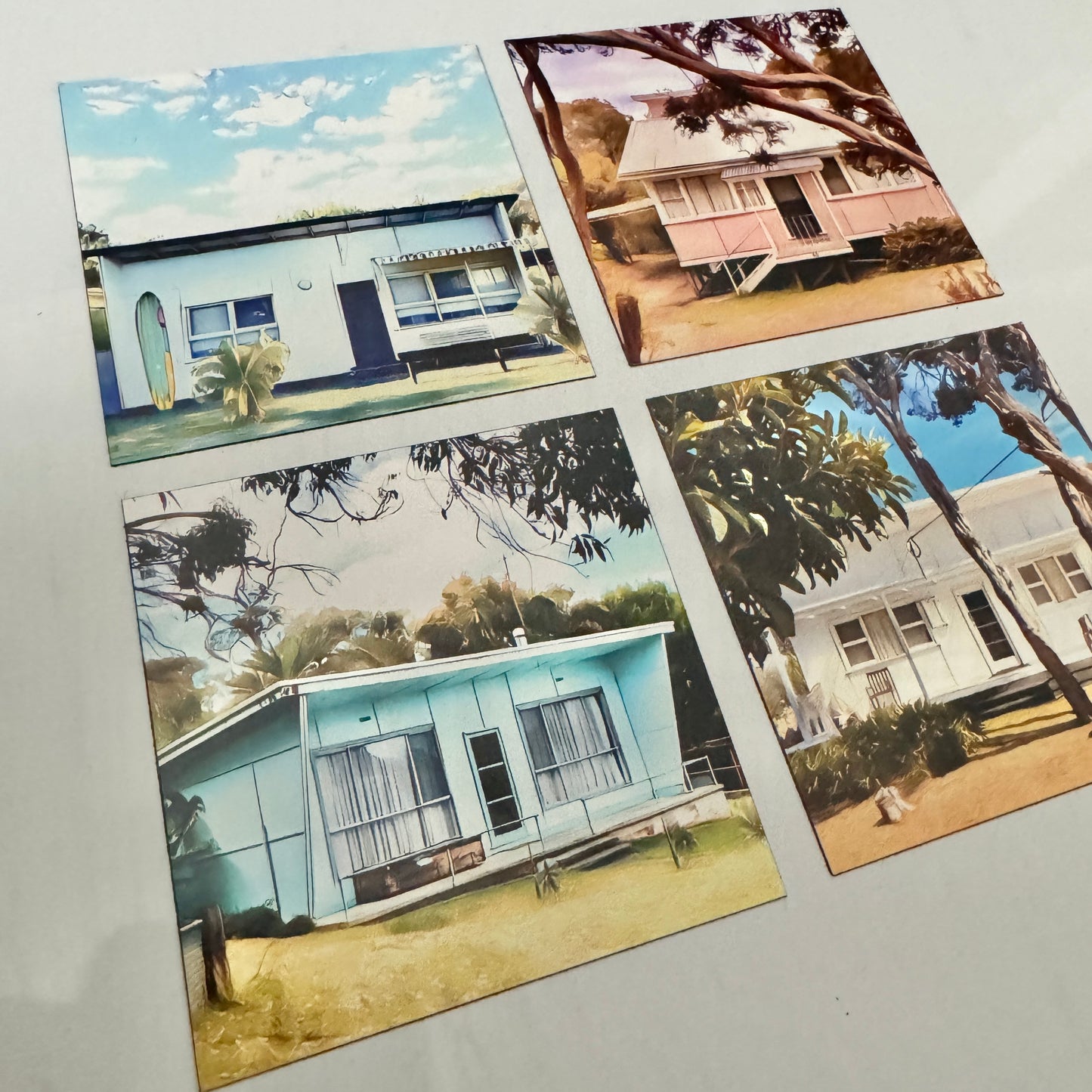 A Set of four Aussie australian fibro beach surf shack fridge magnets gift set pack box