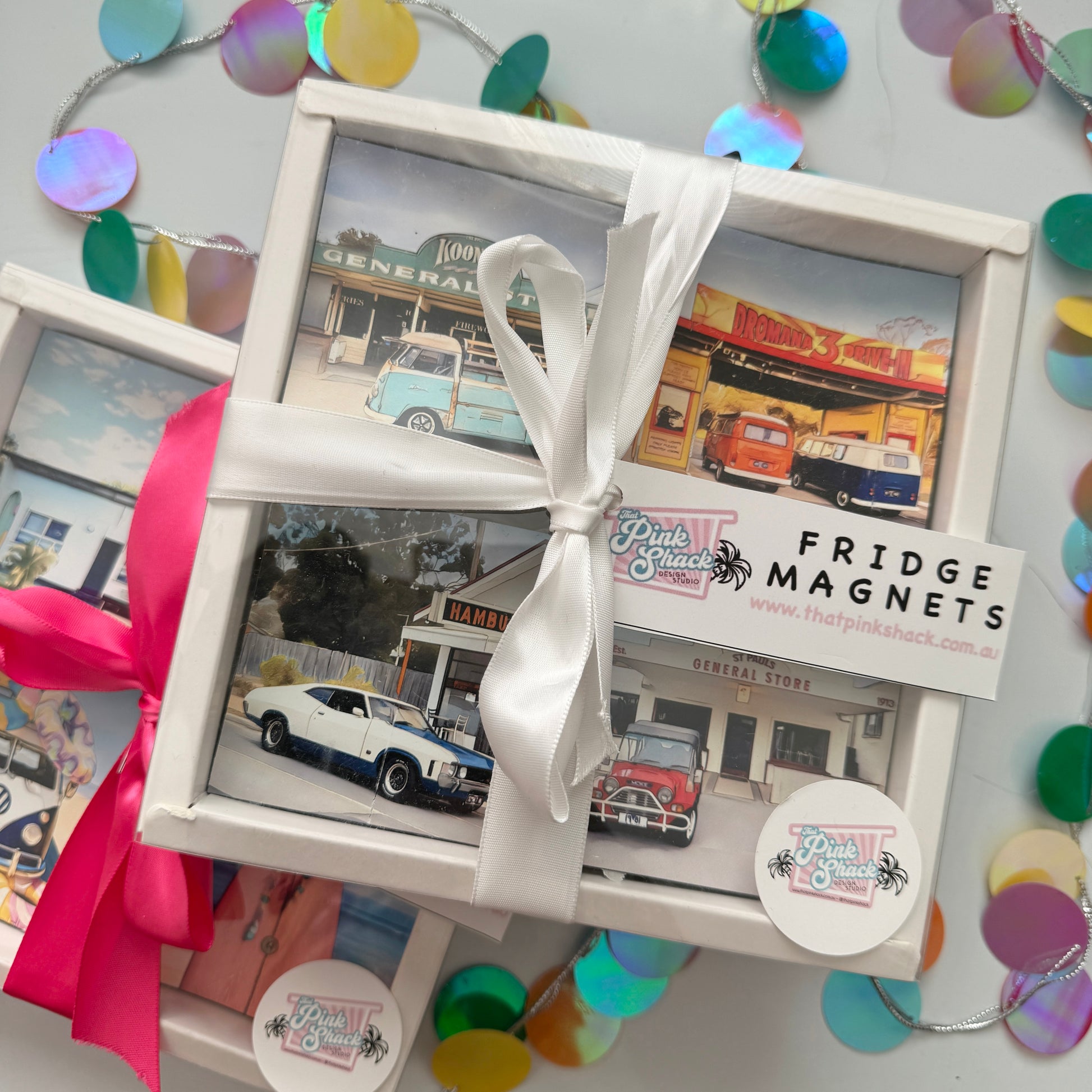 Four of the Mornington Peninsulas Iconic and loved spots all paired with a classic car Hamburger Shop Rosebud, Dromana Drive In, Koonya General Store, St Paul’s General Store in a gift box with ribbon