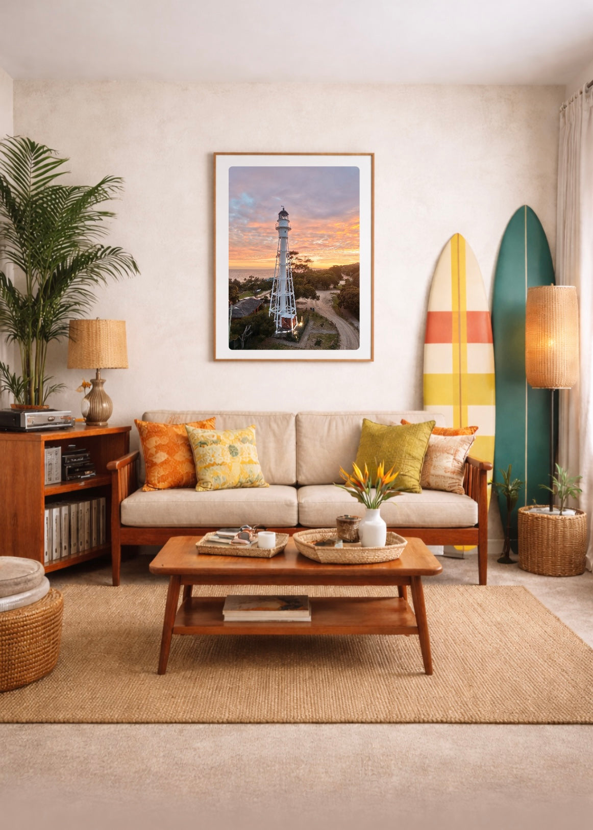 Living room with a couch, coffee table, surfboard, and framed drone print of Sunrise_at_McCrae_lighthouse_