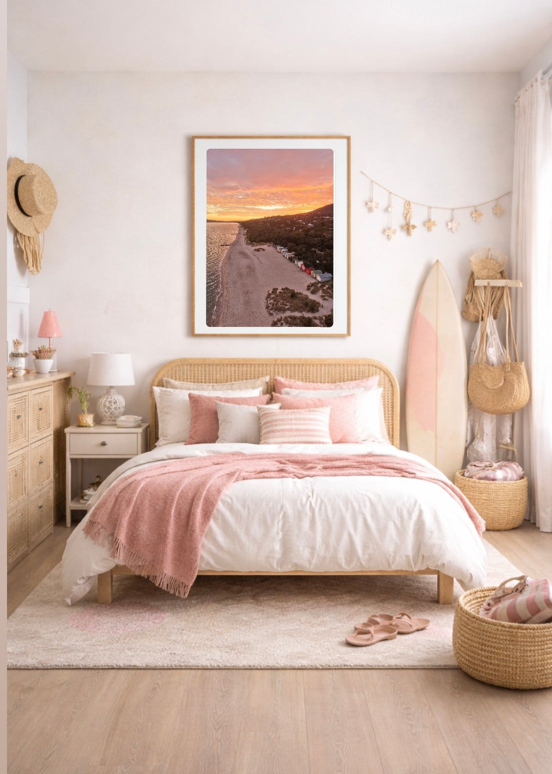 Bedroom with a bed, pink blanket, and surfboard against a wall with a framed drone print of a Sunrise at McCrae beach  