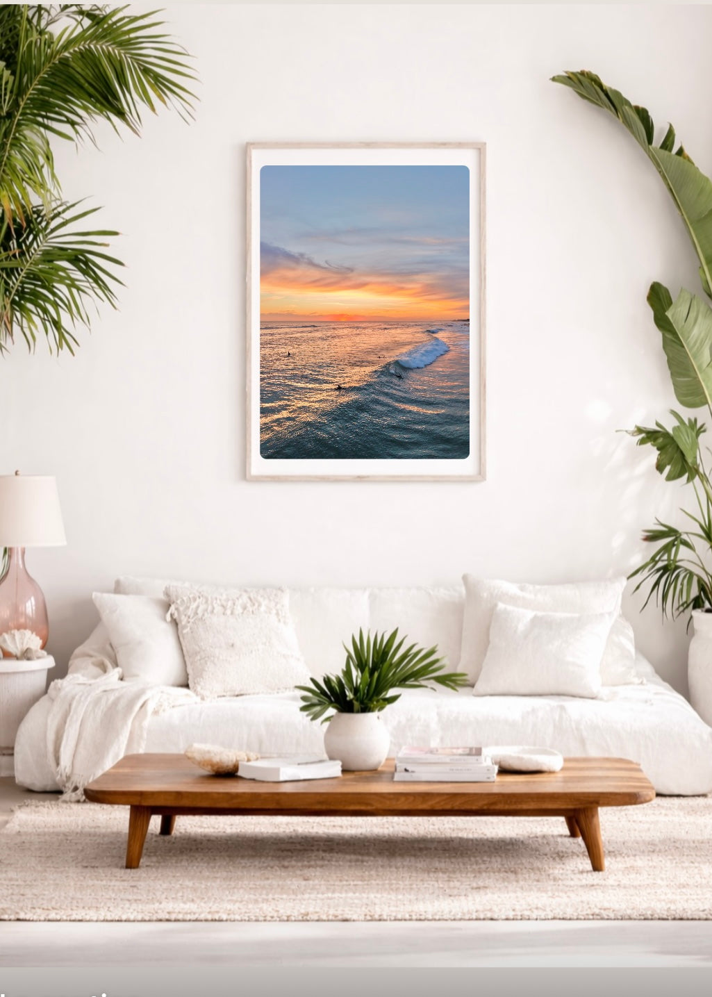 Sunset over rolling waves at Rye Ocean Beach on the Mornington Peninsula, Victoria framed in a boho lounge room setting 