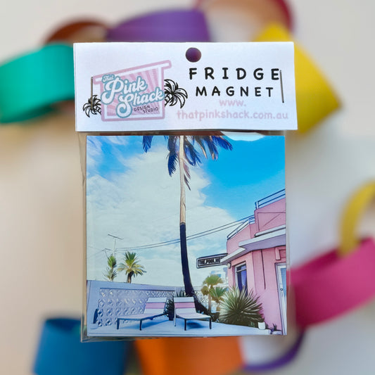 The pink hotel retro vintage Coolangatta fridge magnet In packaging