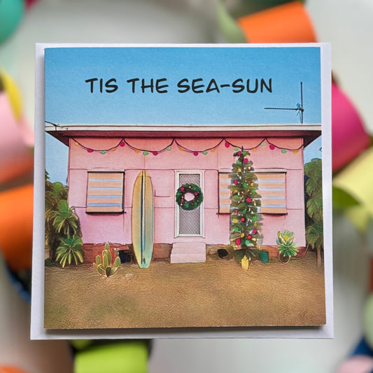 Vintage pink beach surf shack wth surfboard and Christmas tree greeting card with envelope
