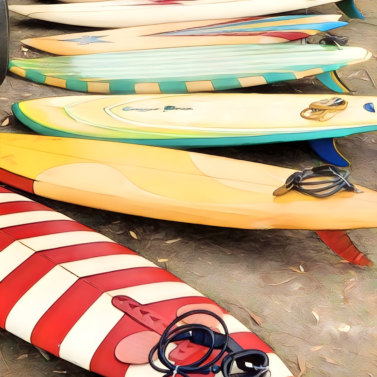 A fridge magnet with a collection of vintage surfboards 