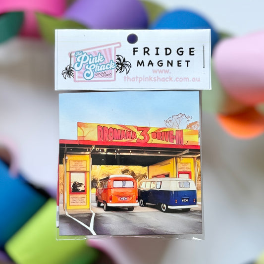 vw bus kombis at the dromana drive in on the Mornington peninsula fridge magnet in packaging