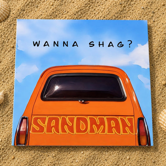 Classic Holden sandman panelvan Wanna Shag Greeting Card with envelope Laying on the sand 