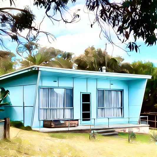 An original mid century blue beach shack in Waratah Bay print picture