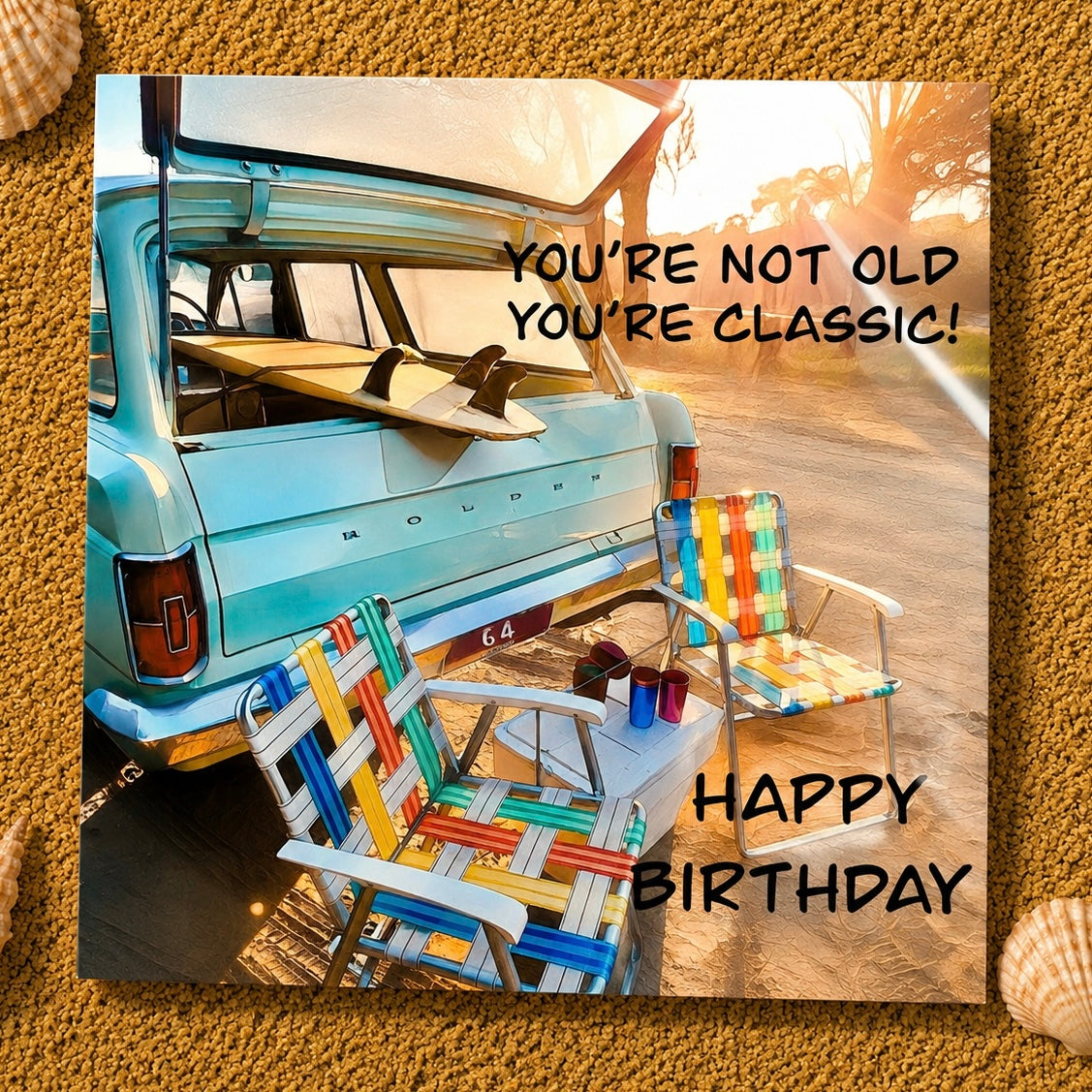 A square birthday greeting card featuring a retro scene of a turquoise vintage car trunk with surfboards, colorful striped beach chairs, and warm sunset lighting. Black text reads 'YOU'RE NOT OLD YOU'RE CLASSIC!' and 'HAPPY BIRTHDAY.